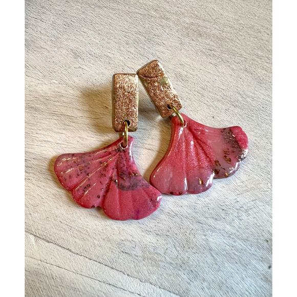 Earrings Statement Earrings Handcrafted Artwork Antique Gold Pink Floral Ginkgo - Picture 2 of 5